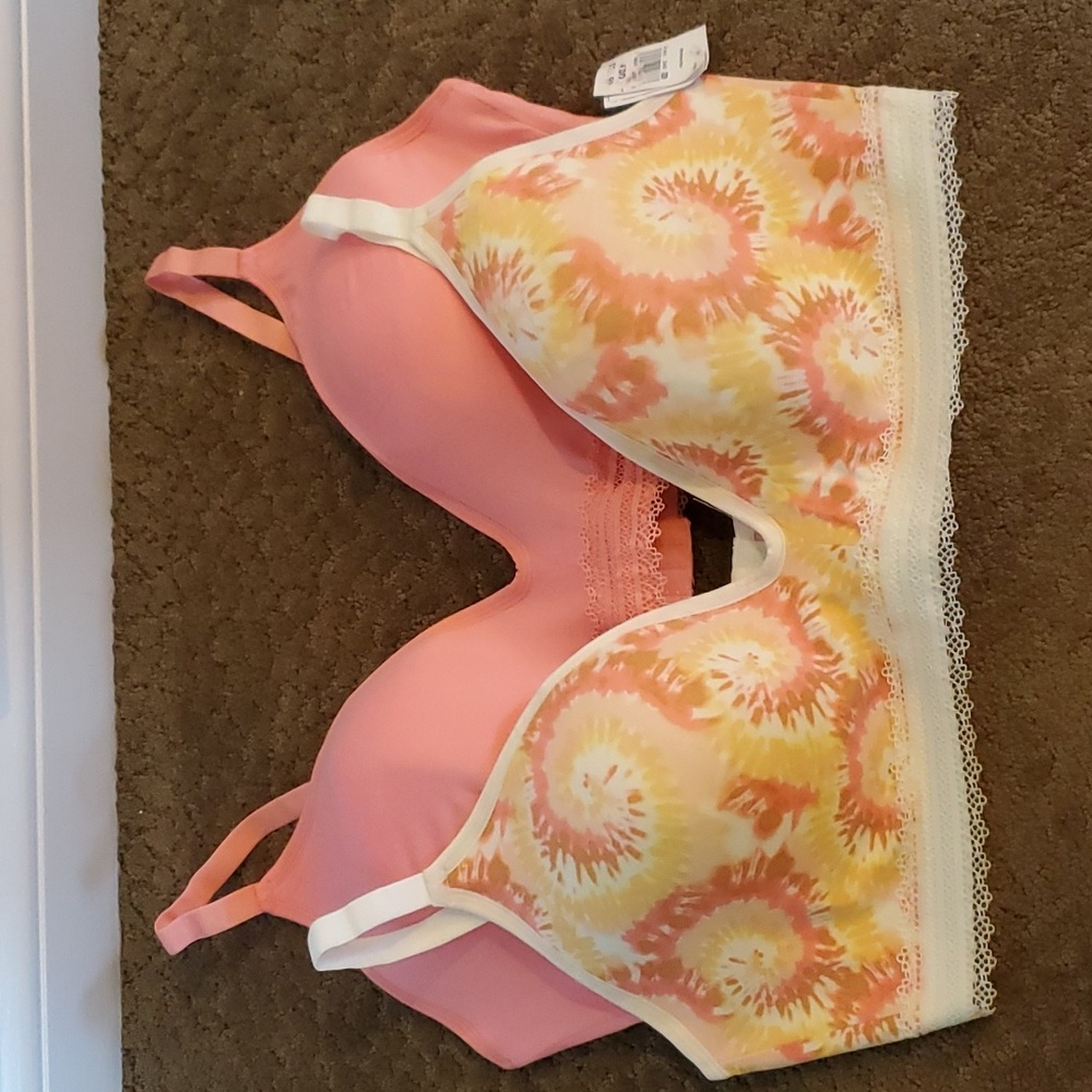 Womens Live 2 Lounge 2 pack Wireless T-Shirt Bras Size 40D Coral Tie Dye NWT
